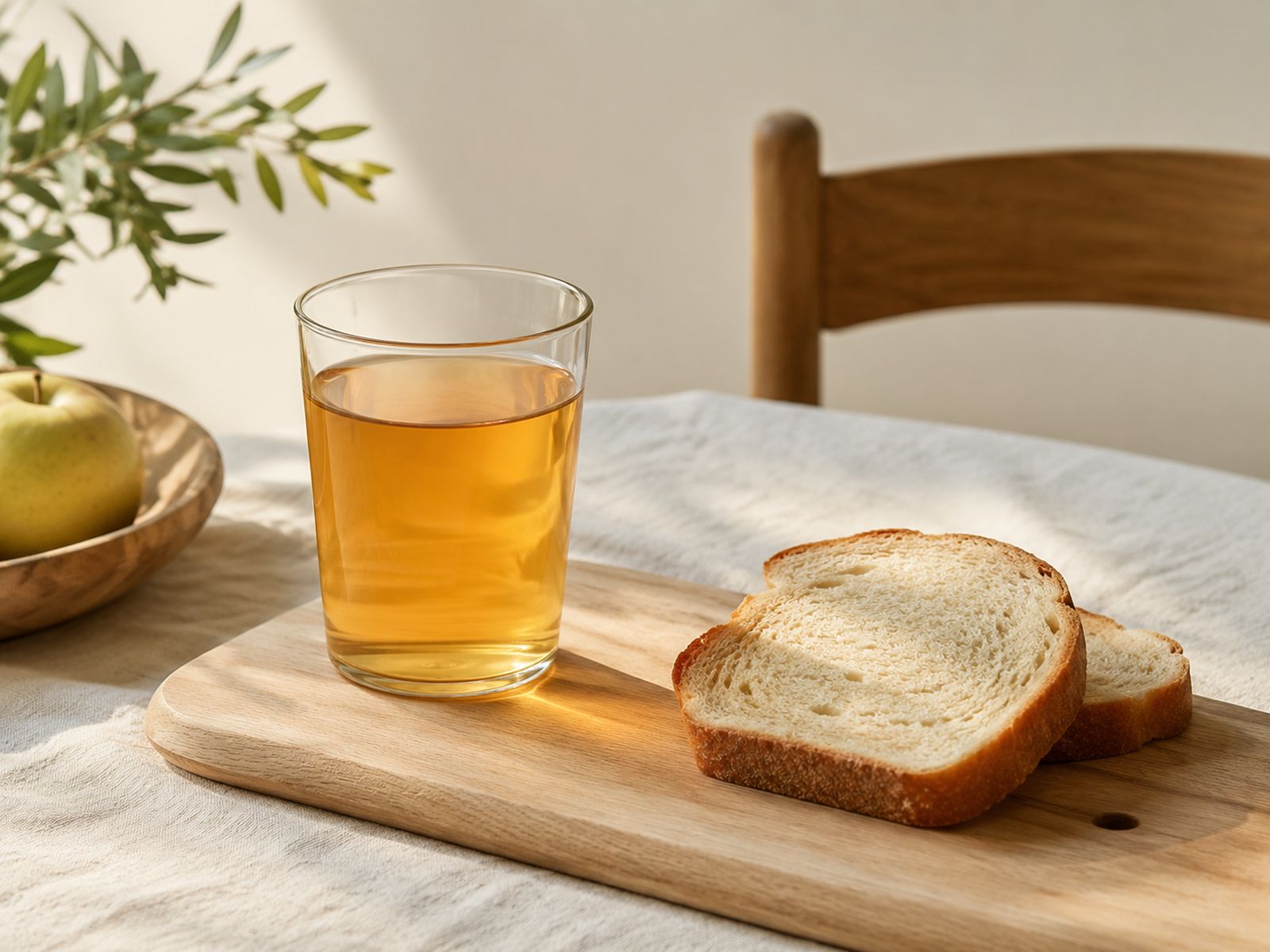 Glas mit Apfelsaft, daneben eine Scheibe Weißbrot