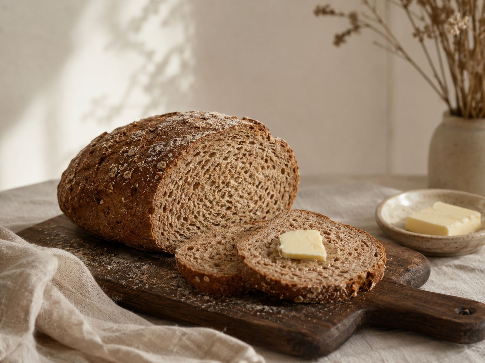 Anschnitt Vollkornbrot mit Butter auf Holzbrett