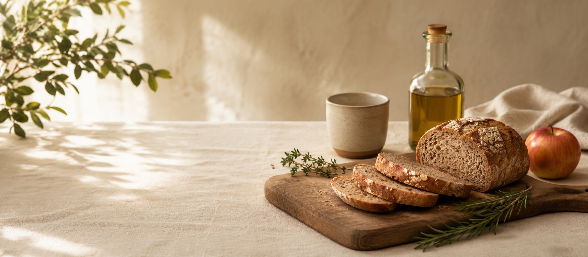 Warmes Stillleben — Holzbrett mit Vollkornbrot, Olivenöl-Glas, einer Tasse, einem Apfel — neutraler heller Hintergrund, Naturlicht